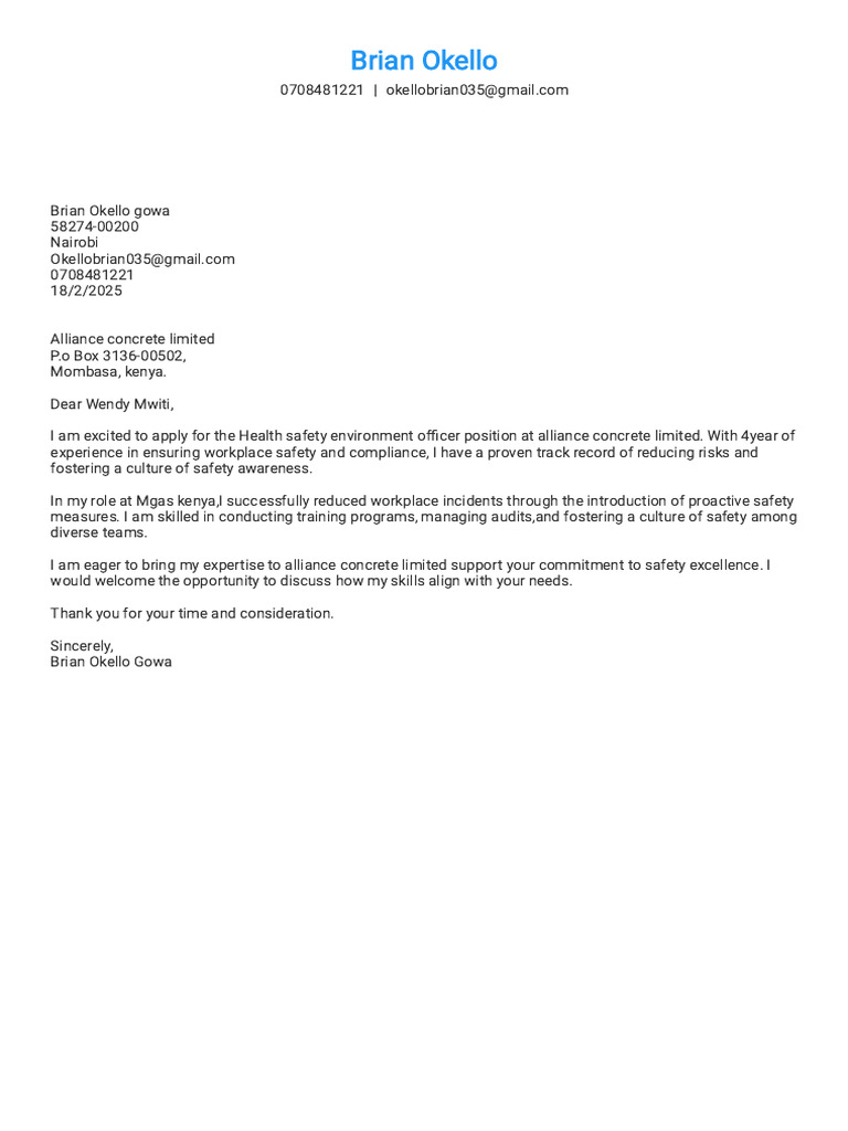 Health Safety Officer Application Letter | PDF | Occupational Safety ...