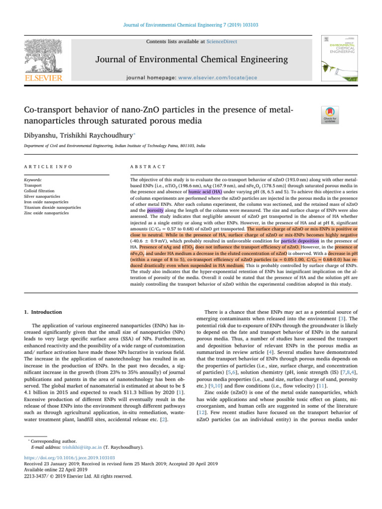 Co-Transport of Nano-ZnO in Porous Media | PDF | Nanoparticle | Porosity