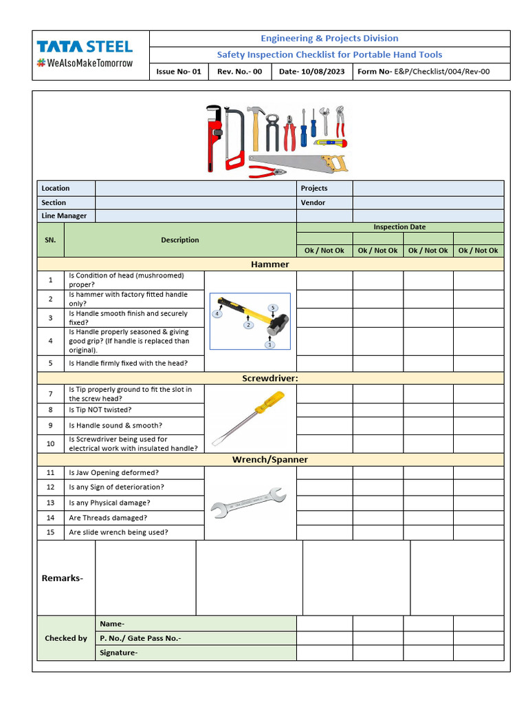 Portable Hand Tools Safety Checklist | PDF