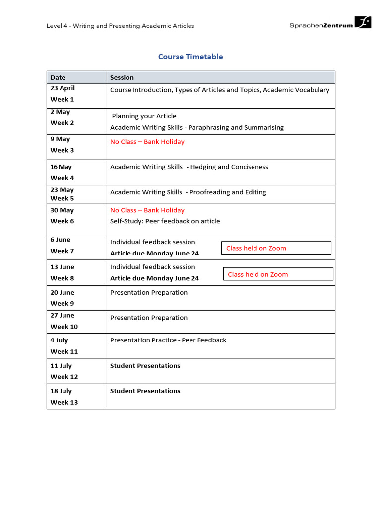 Academic Article Writing Course Schedule | PDF