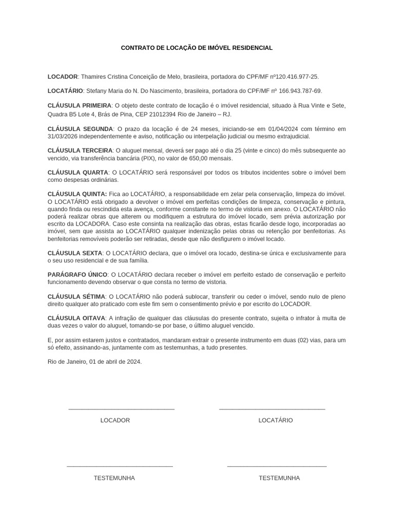 Contrato de Locacao de Imovel Residencial | PDF | Aluguel