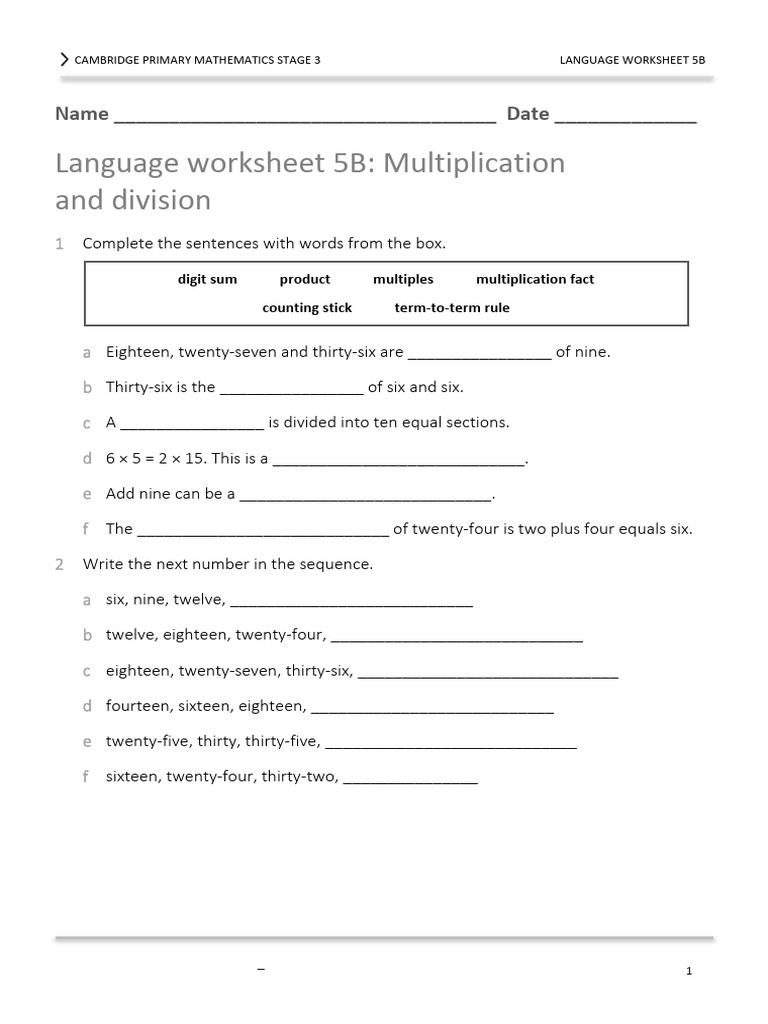 Stage 3 Math Language Worksheet 5B | PDF