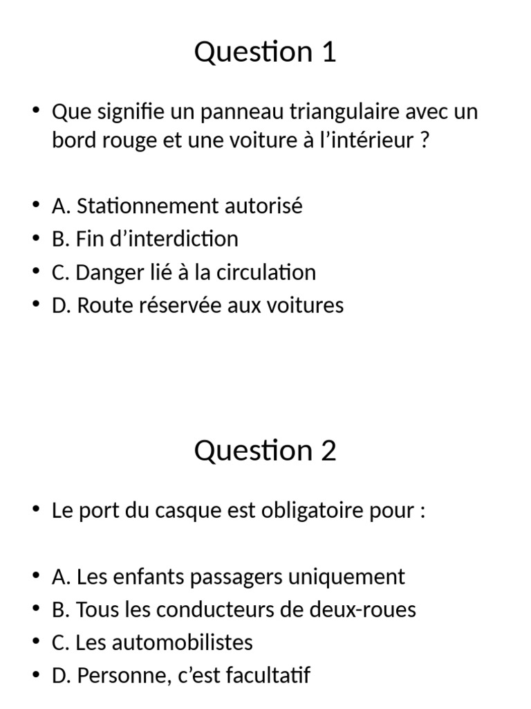 Questions sur le code de la route au Bénin | PDF | Feu de circulation ...