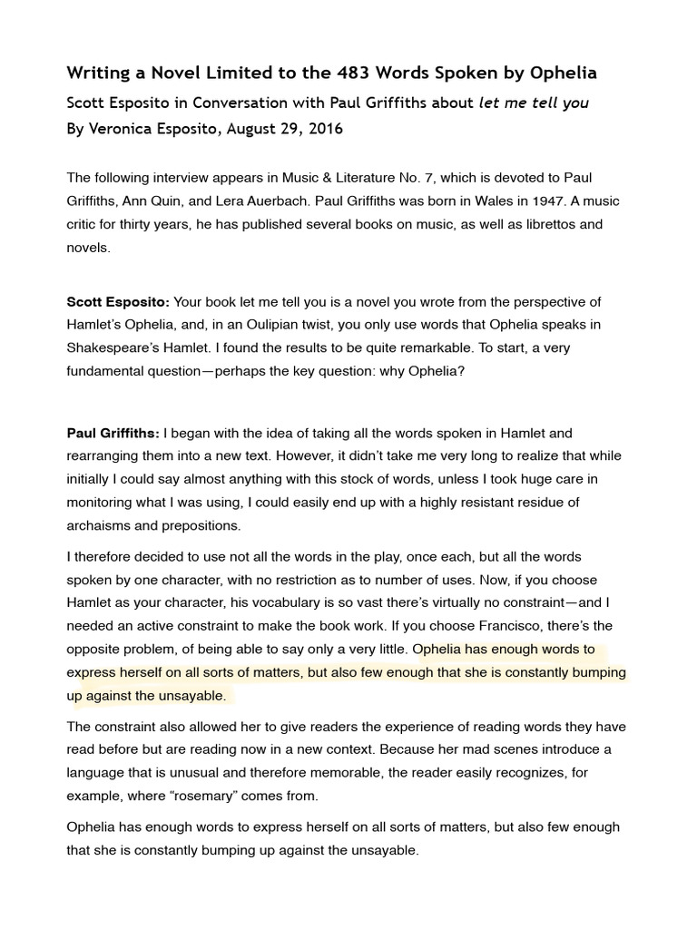 ESPOSITO and GRIFFITS. (Interview) Writing A Novel Limited To The 483 ...