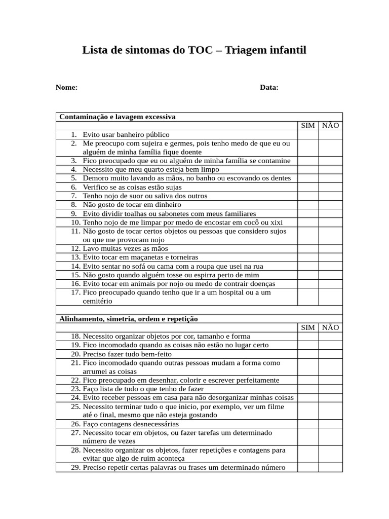 Lista Do Sintomas de TOC - Triagem Infantil | PDF | Pensamento