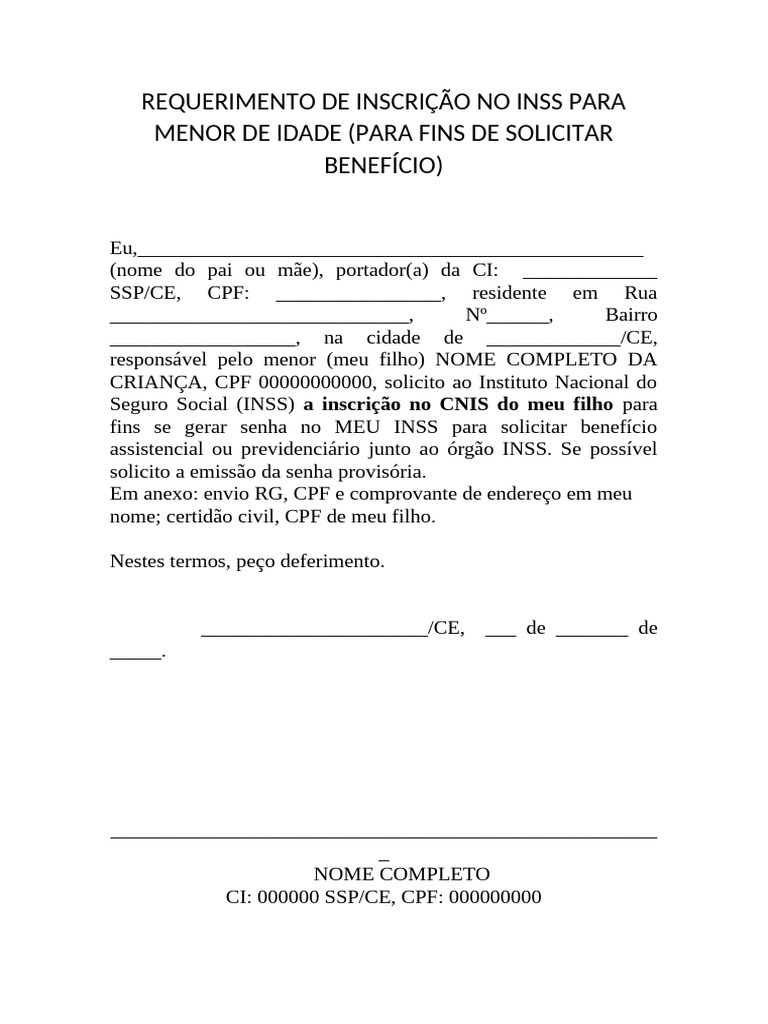 Inscrição INSS Menor de Idade: Requerimento | PDF