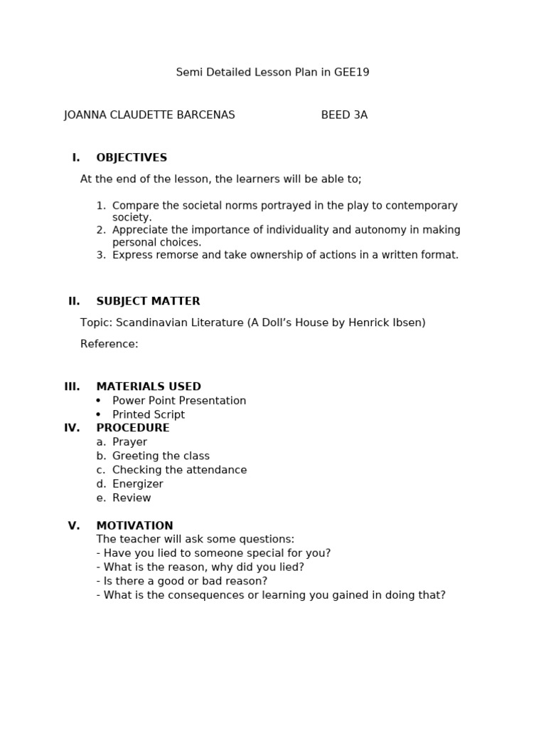 Semi Detailed Lesson Plan in GEE19 | PDF | A Doll's House | Scandinavia
