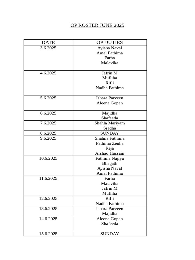 Duty Roster June | PDF