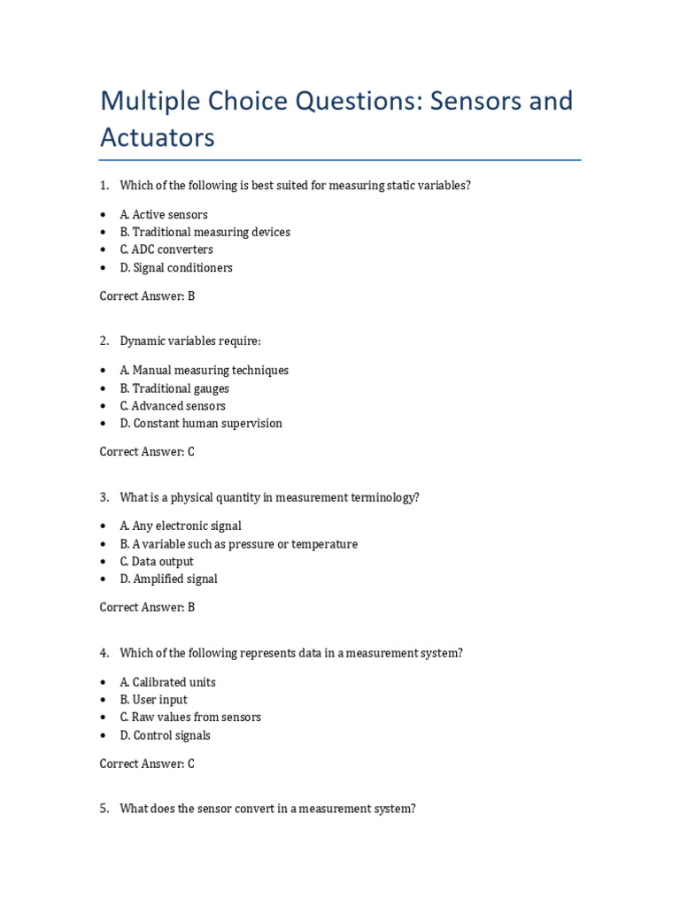 Sensor and Actuator Quiz Questions | PDF | Actuator | Sensor