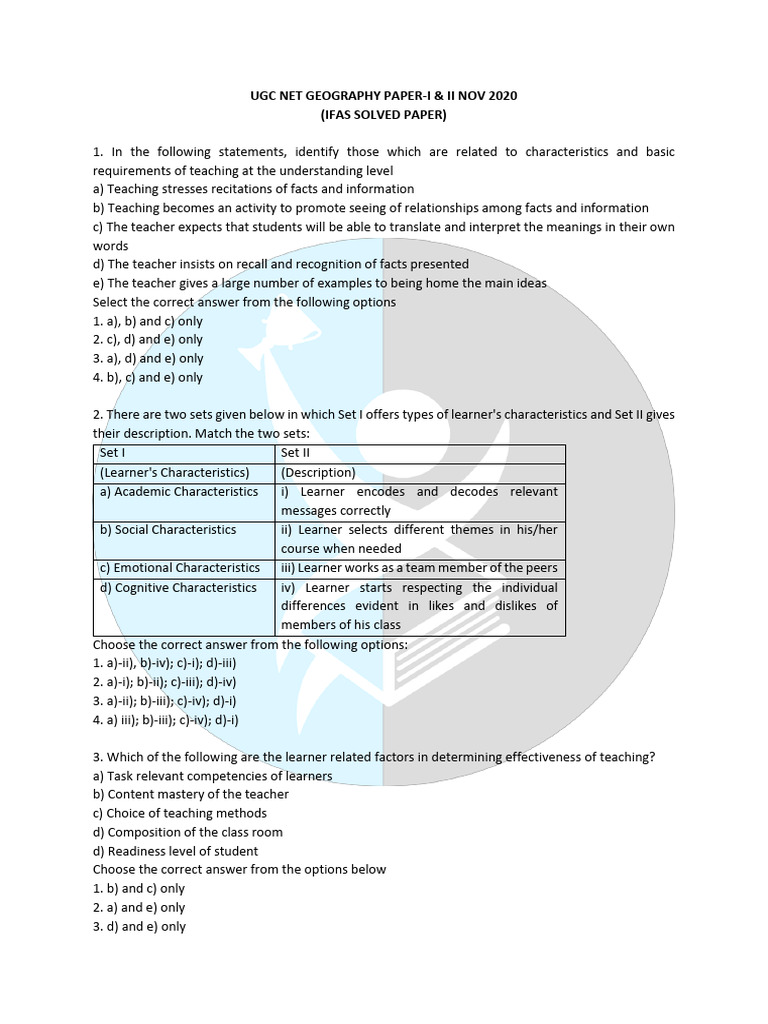 Ugc Net Geography Paper-I & Ii Nov 2020 (Ifas Solved Paper) | PDF ...