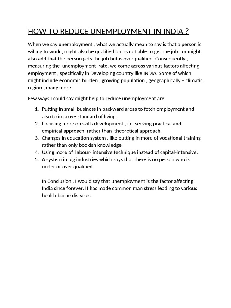 Strategies to Reduce Unemployment in India | PDF