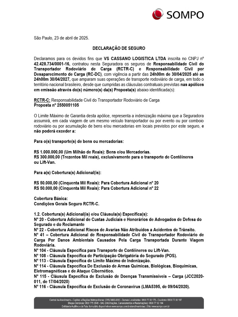 Declaração de Seguro RCTR-C e RC-DC | PDF | Seguro | Transporte