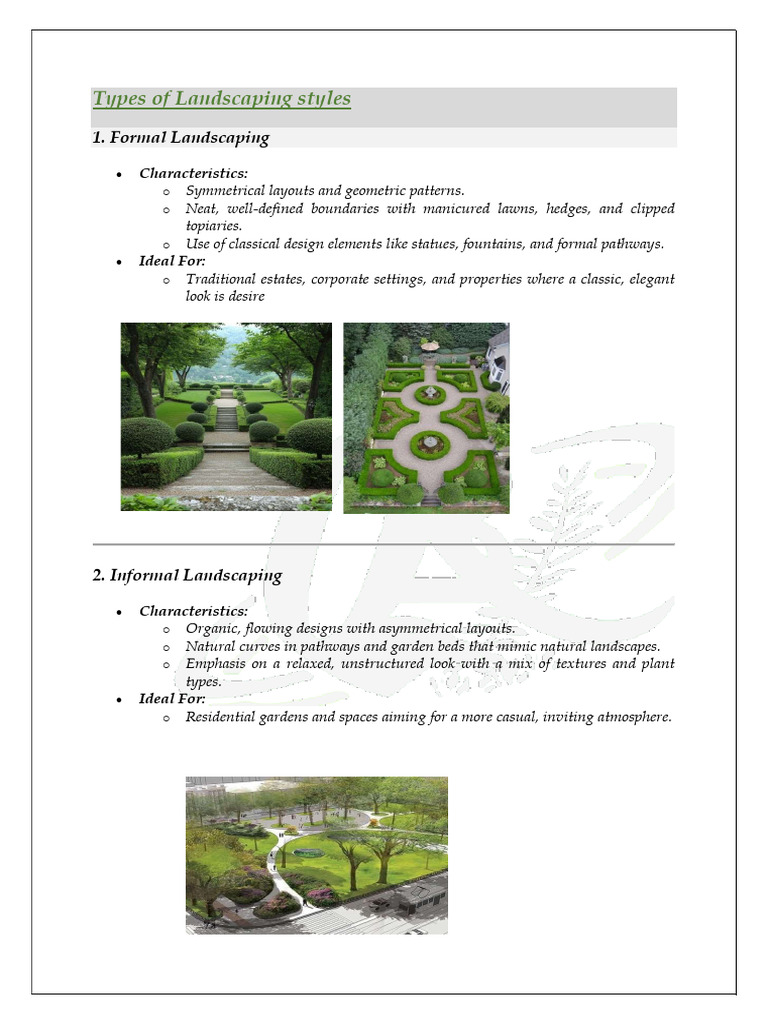 Types of Landscaping Styles Explained | PDF | Gardens | Earth Sciences