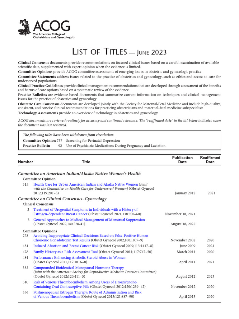 ACOG Document Title List - June 2023 | PDF | Hormone Replacement ...