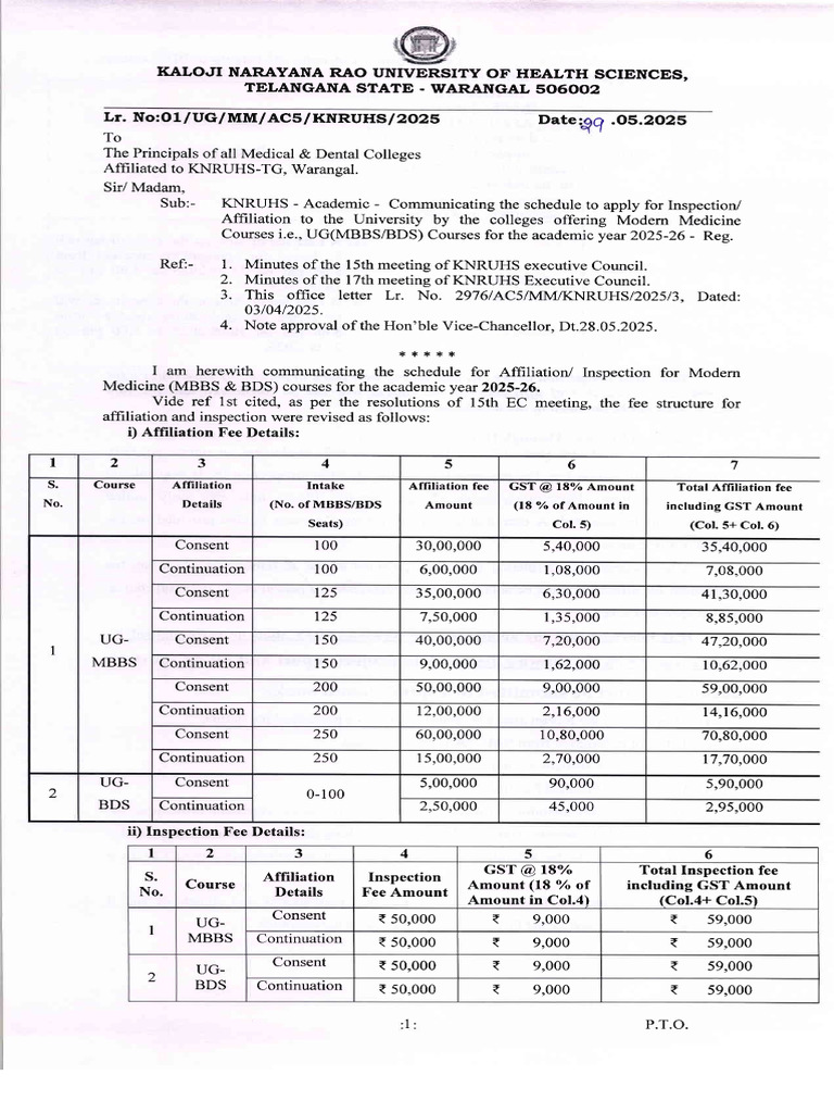 KNRUHS BDS/MBBS Affiliation Schedule 2025 | PDF | Medicine | Health Care