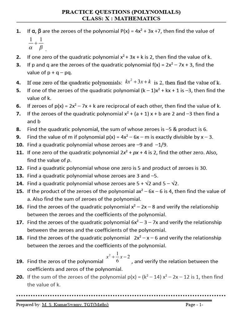 Practice Questions Polynomials Class X | PDF