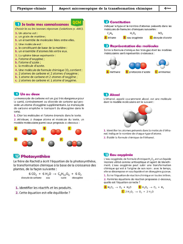 Transformation chimique en 4ème : Équations | PDF
