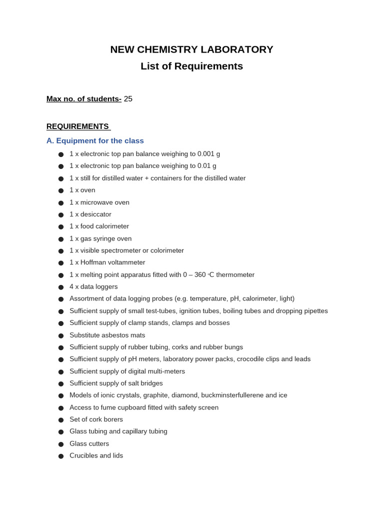 List of Requirements - New Chem Lab | PDF | Chemistry | Potassium