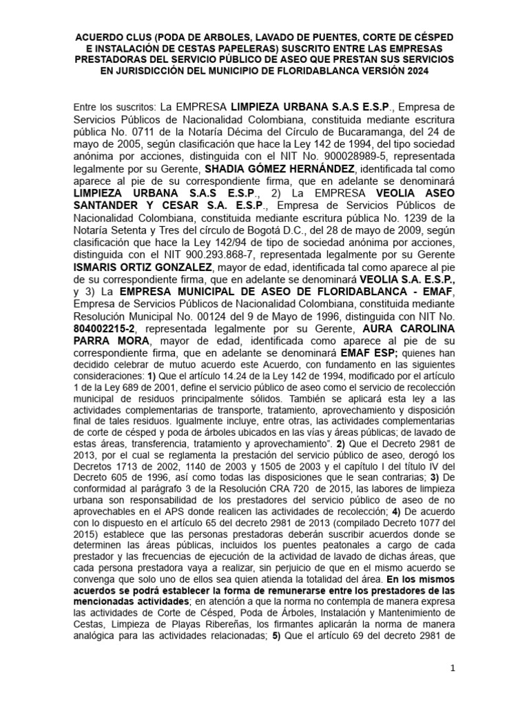 Acuerdo Clus Floridablanca 2024 Firmado | PDF