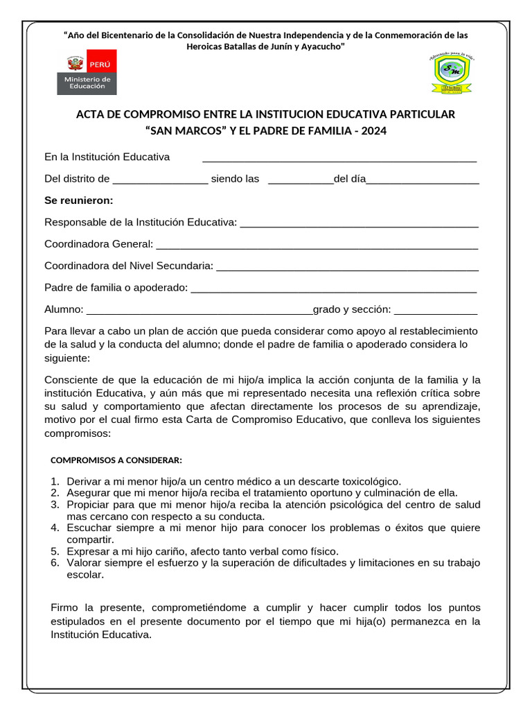 Compromiso para Padres de Familia Modelo 1 | PDF | Escuelas ...