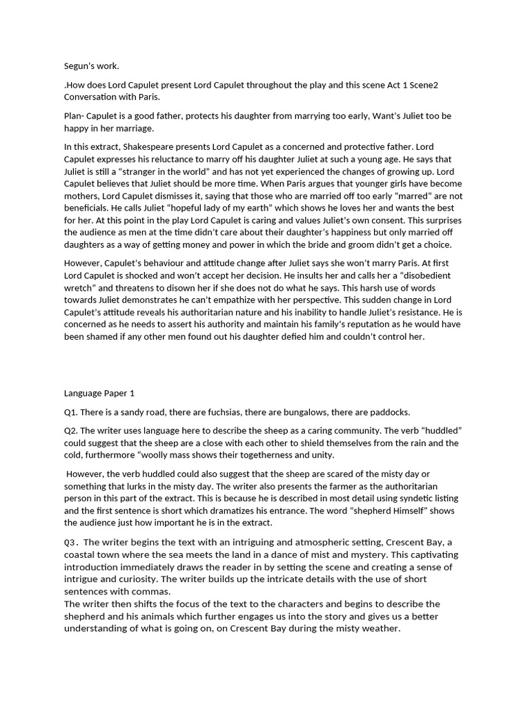 How Is Lord Capulet Presented and Language Paper 1 Segun's Work | PDF ...