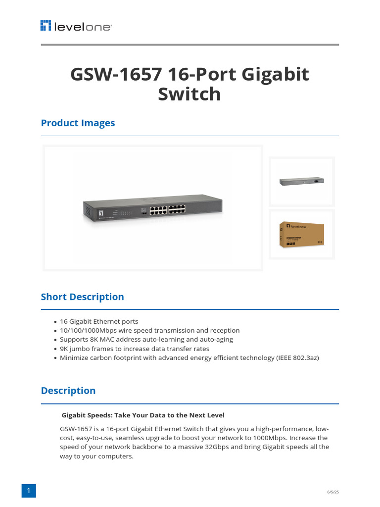 GSW 1657 16 Port Gigabit Switch PDF Network Switch Computer Network