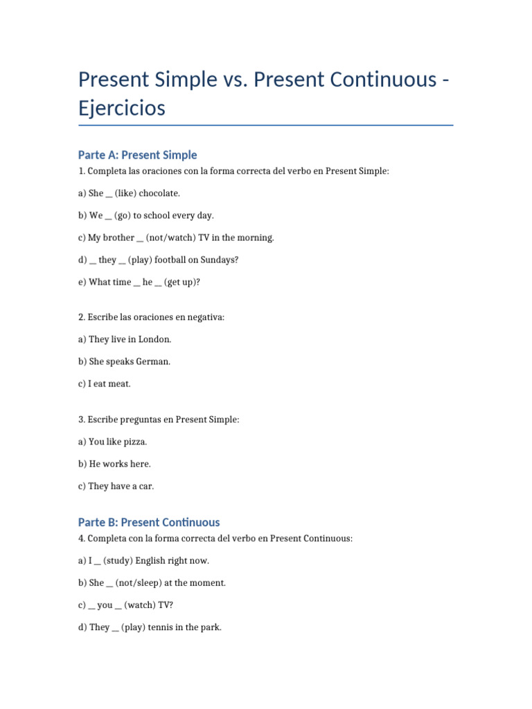 Present Simple Vs Continuous Ejercicios | PDF