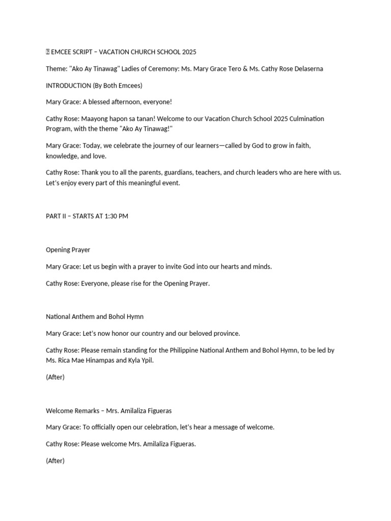 Vacation Church School 2025 Emcee Script | PDF