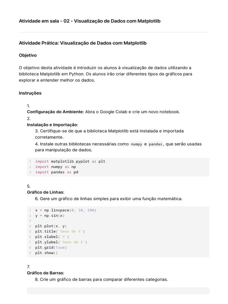 Atividade em Sala - 02 - Visualização de Dados Com Matplotlib | PDF ...