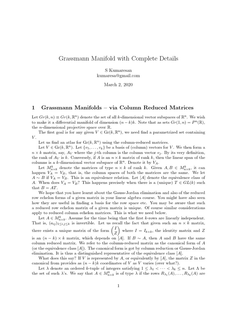 Grassmann Manifolds Overview | PDF | Matrix (Mathematics) | Vector Space
