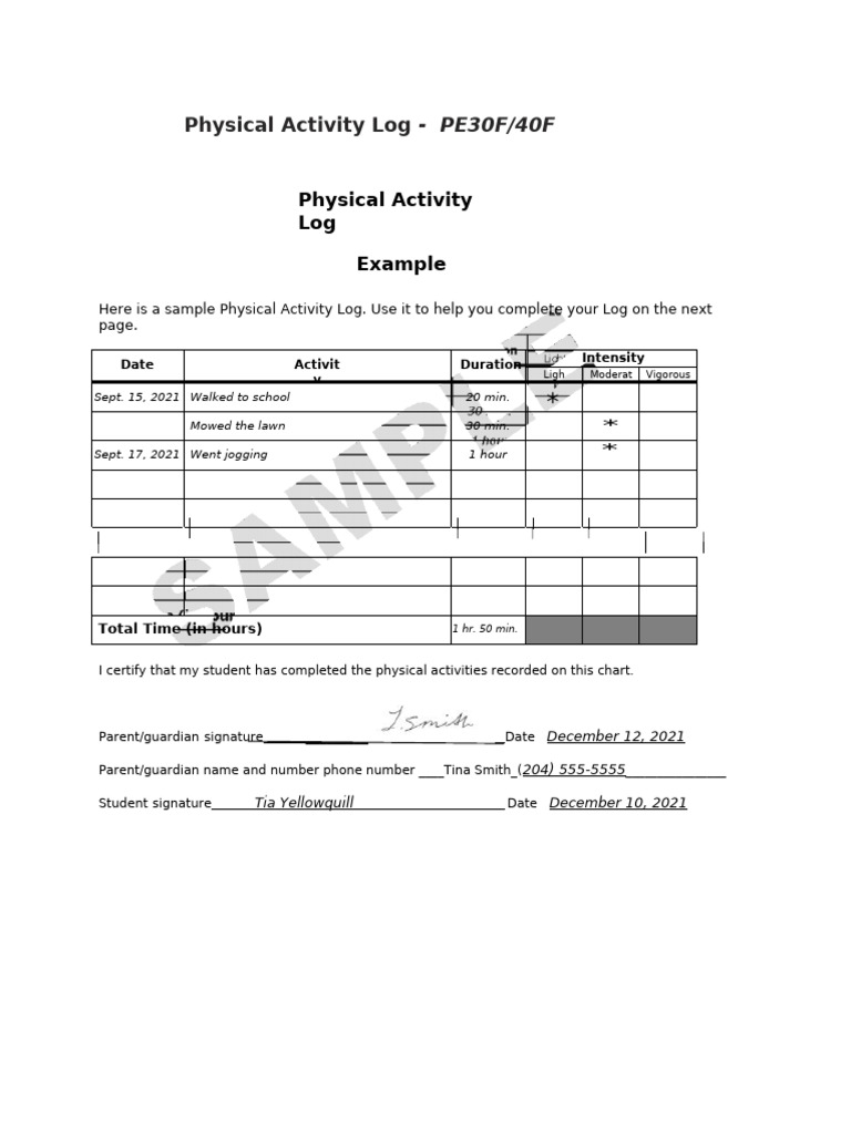 Fillable Physcial Activity Log Pdf