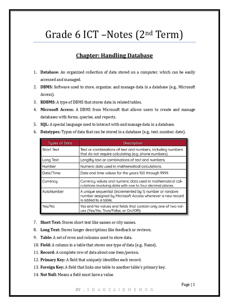 Grade 6 ICT Database and Robotics Notes | PDF | Databases | Relational ...