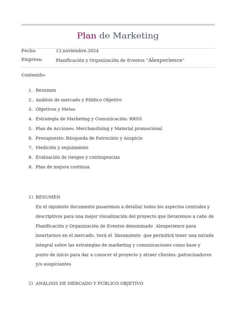 Plan de Marketing para Eventos Alexperience | PDF | Marketing | Presupuesto