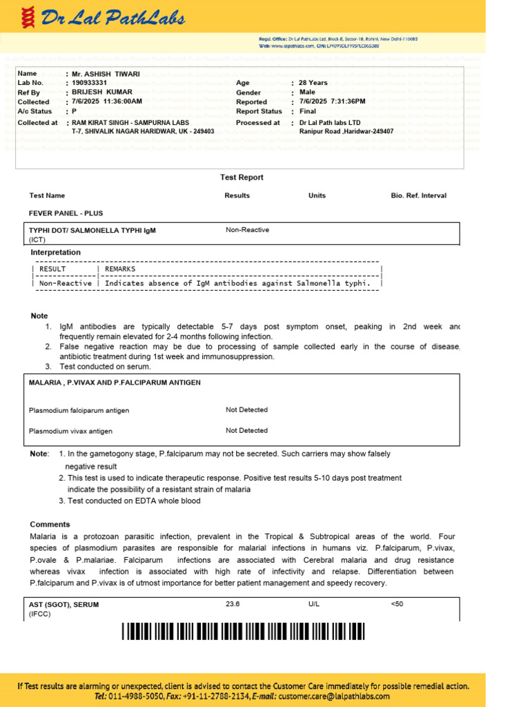 Lab Report: Fever & Malaria Tests | PDF | Malaria | Plasmodium Falciparum