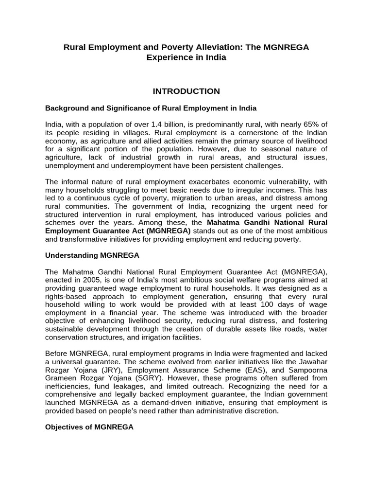 Rural Employment and Poverty Alleviation The MGNREGA Experience in ...