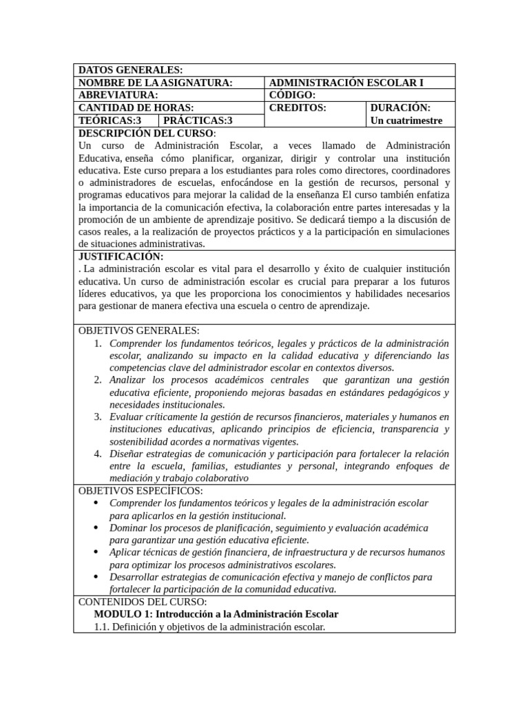 Administracion Escolar I | PDF | Evaluación | Plan de estudios