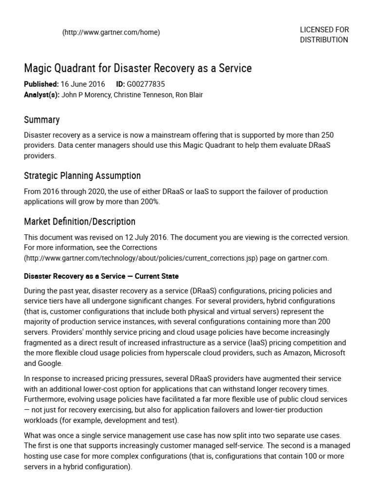 2016 Magic Quadrant for DRaaS Analysis | PDF | Cloud Computing ...