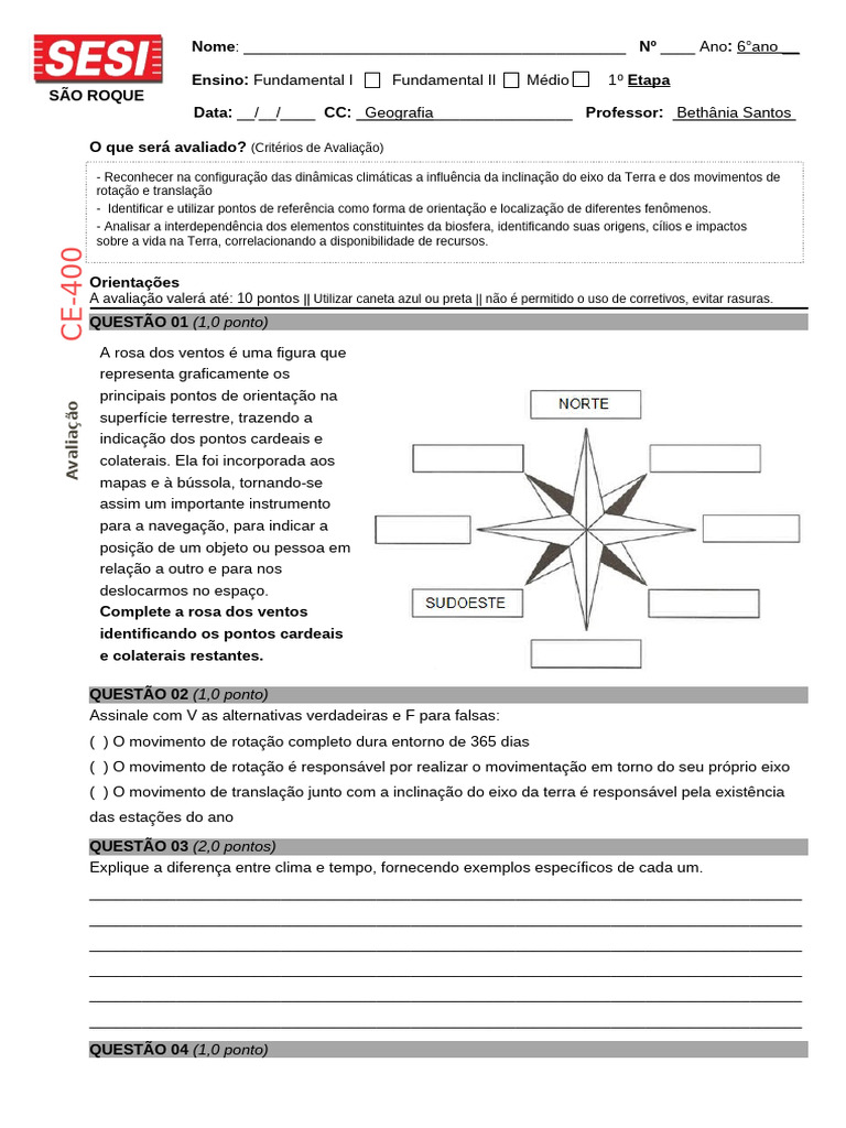 Avaliação de Geografia 6º Ano | PDF | Clima | Terra