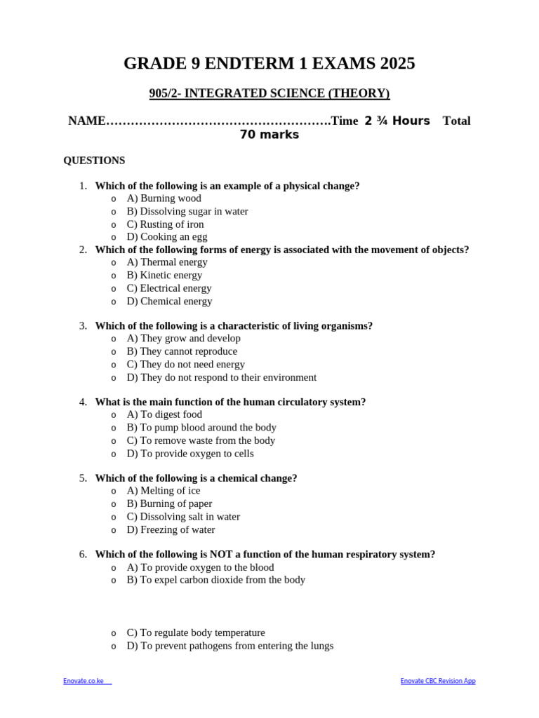 Grade 9 Integrated Science Exam 2025 | PDF | Atoms | Chemical Elements