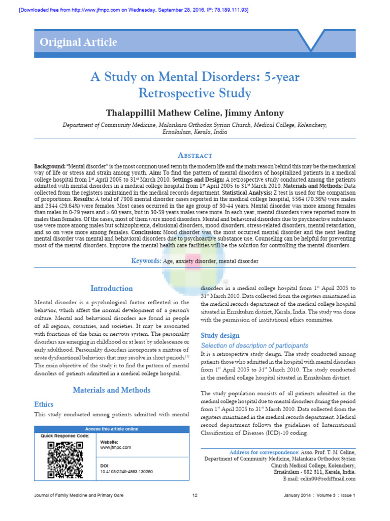 A Study On Mental Disorders 5-Year Retrospective S | PDF | Mental ...