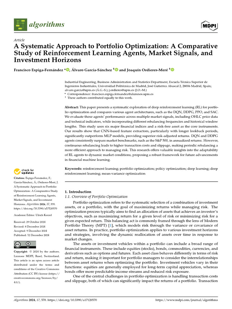 Portfolio Optimization with RL Techniques | PDF | Financial Risk ...