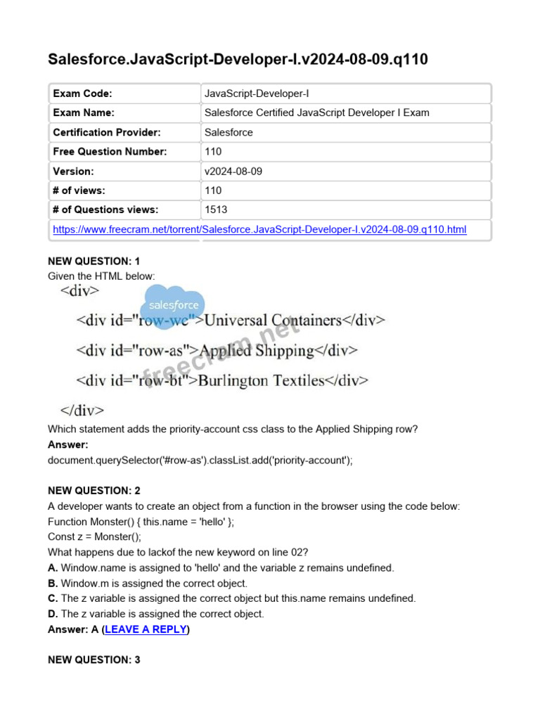 Salesforce JavaScript Developer I Exam Guide | PDF | Java Script ...