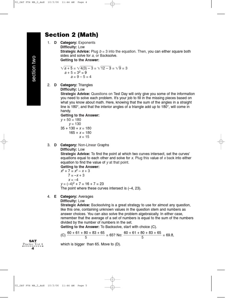 SAT Math Practice Test 4 Solutions | PDF | Triangle | Sat