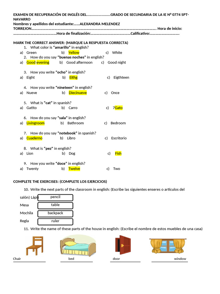 Examen de Inglés Básico para Primaria | PDF