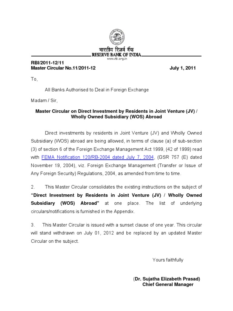 RBI Master Circular Joint Venture Securities (Finance)