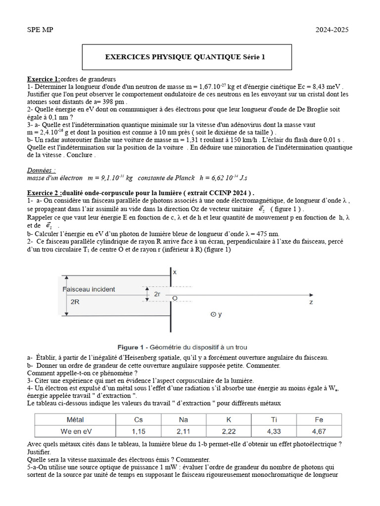 Exercices de Physique Quantique 2024-2025 | PDF | Photon | Fonction d'onde