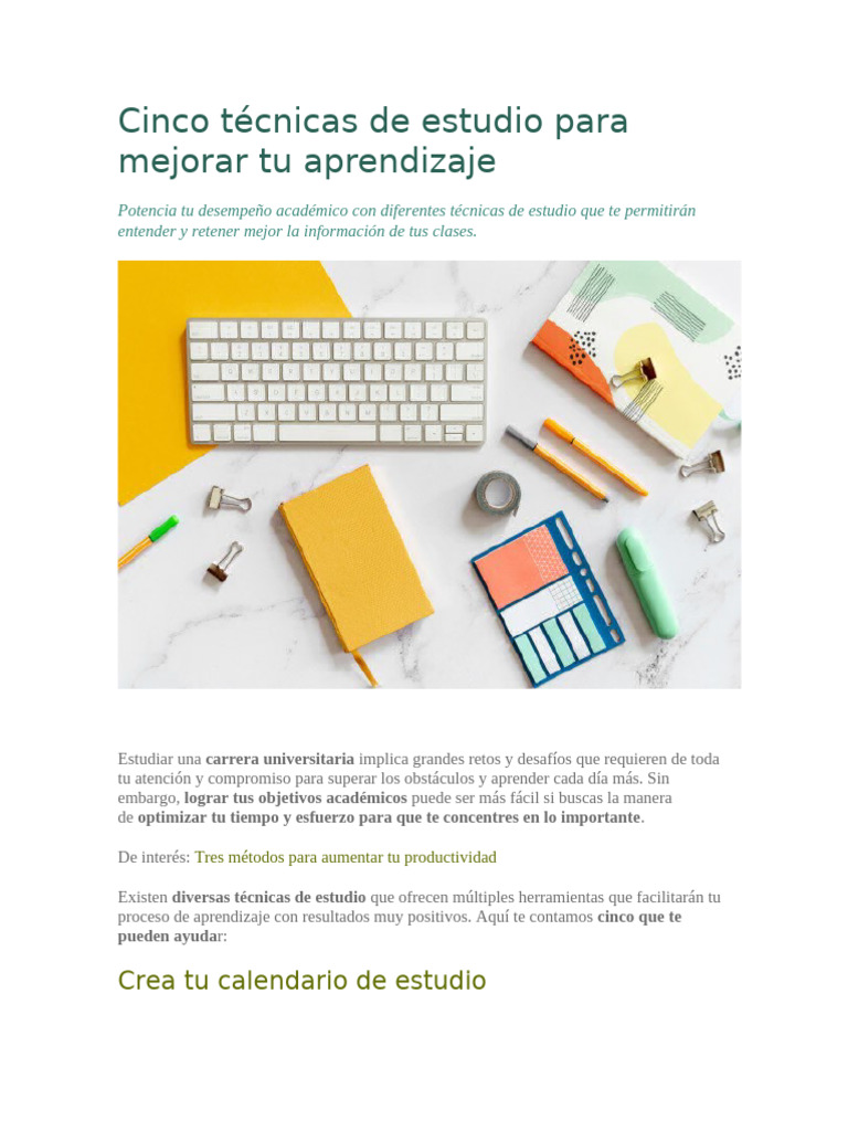 Cinco Técnicas de Estudio para Mejorar Tu Aprendizaje | PDF ...