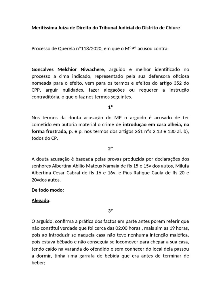 Contestação em Processo de Querela 118/2020 | PDF | Crimes | Crime e ...