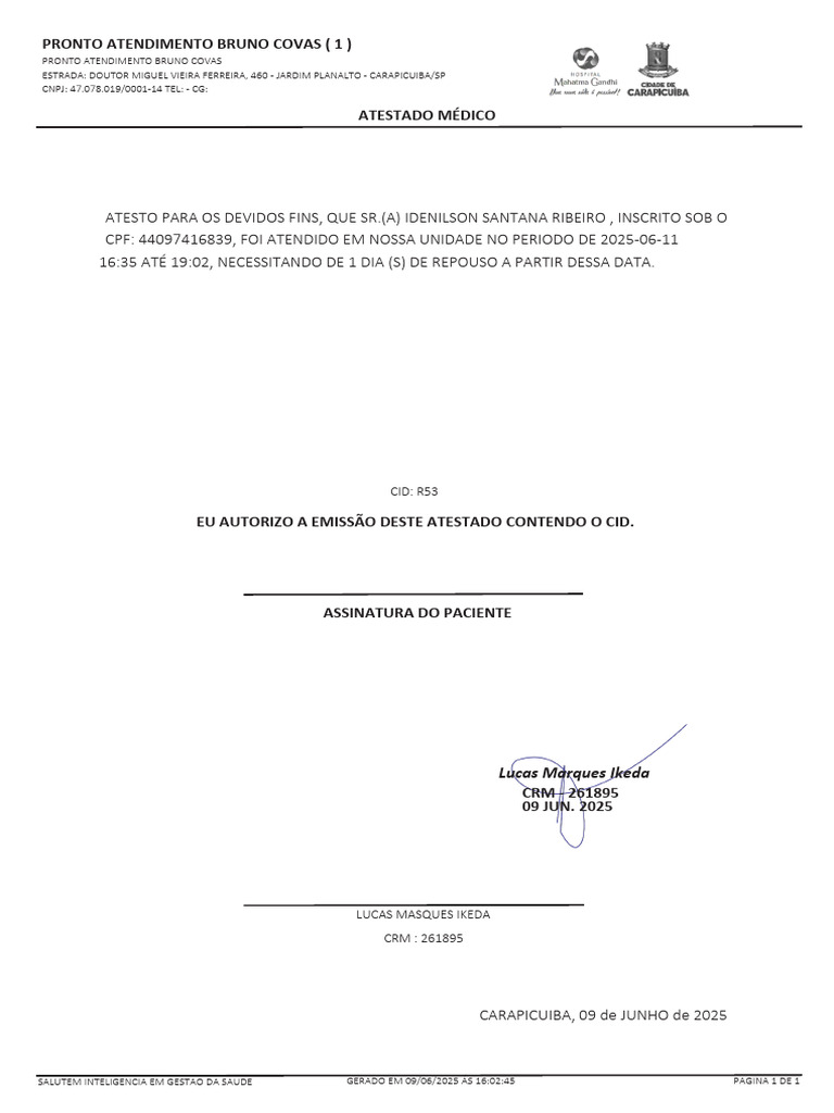 Atestado Médico CID R53 - Idanilson Ribeiro | PDF