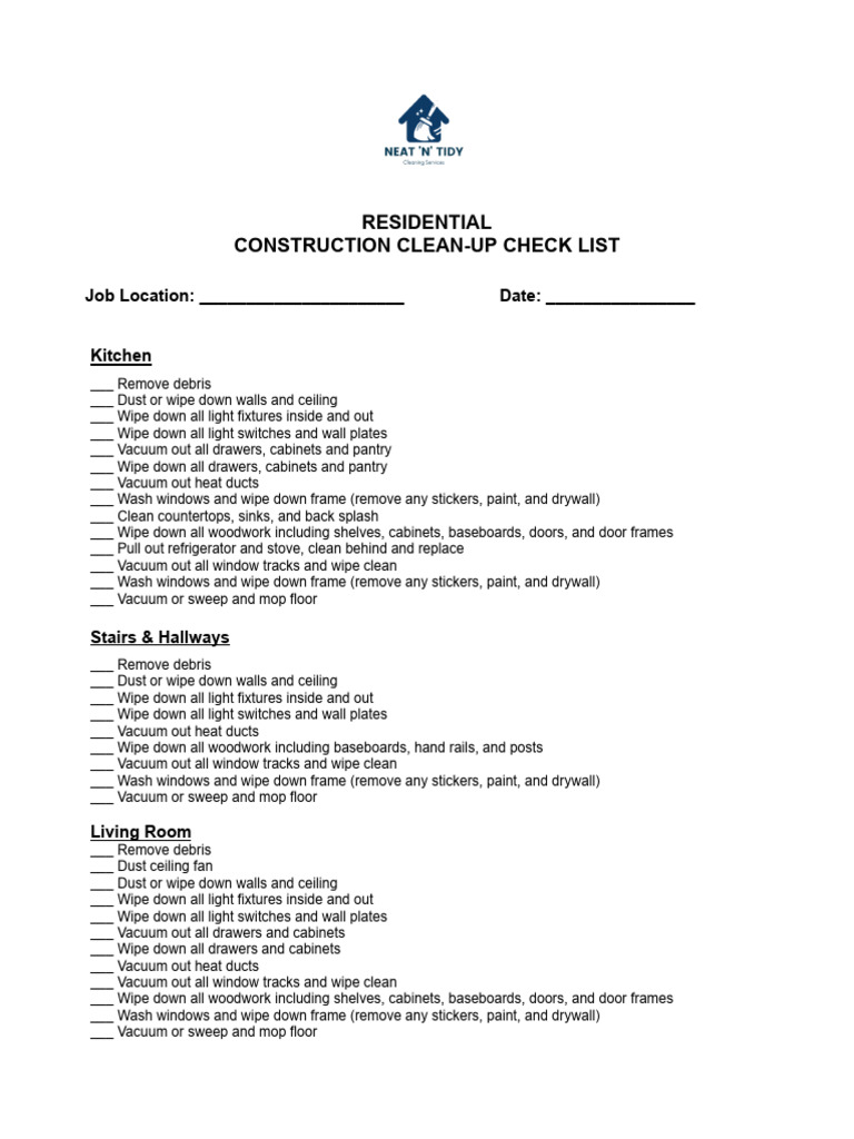 Residential Construction Clean-Up Checklist | PDF | Vacuum Cleaner ...
